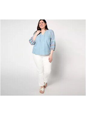Denim & Co Canyon Retreat Split Neckl Top Embroidered Sleeve 1X Blue